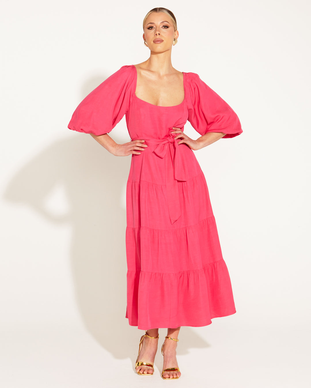 Fate One and Only Tiered Midi Dress in Hot Pink