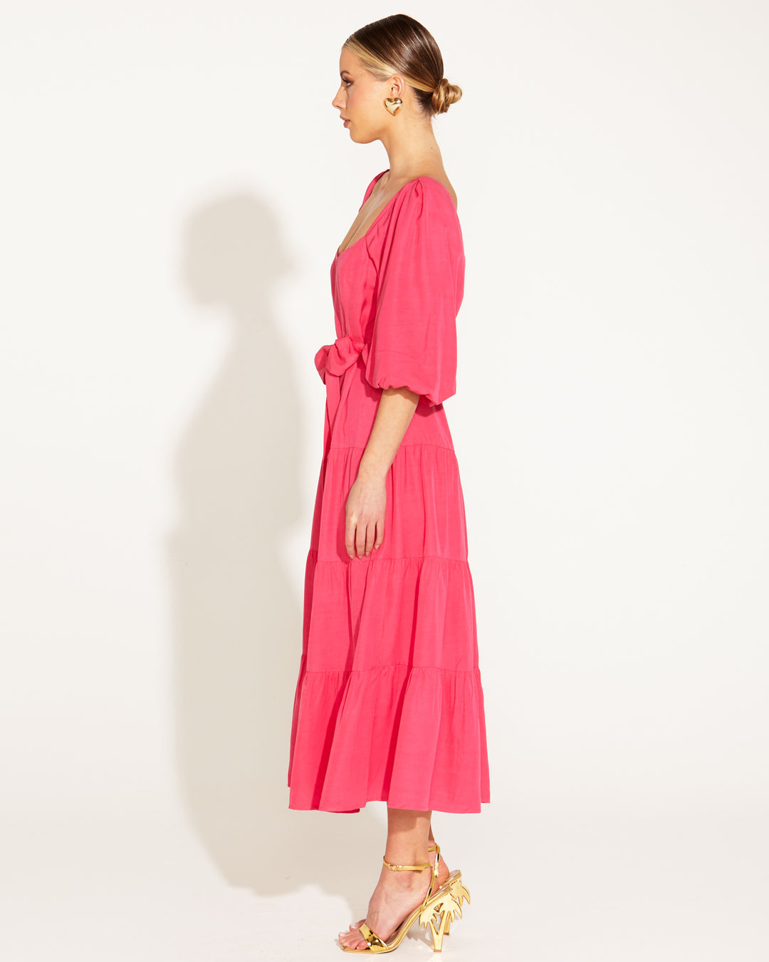 Fate One and Only Tiered Midi Dress in Hot Pink