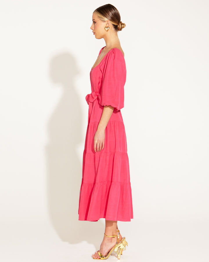 Fate One and Only Tiered Midi Dress in Hot Pink
