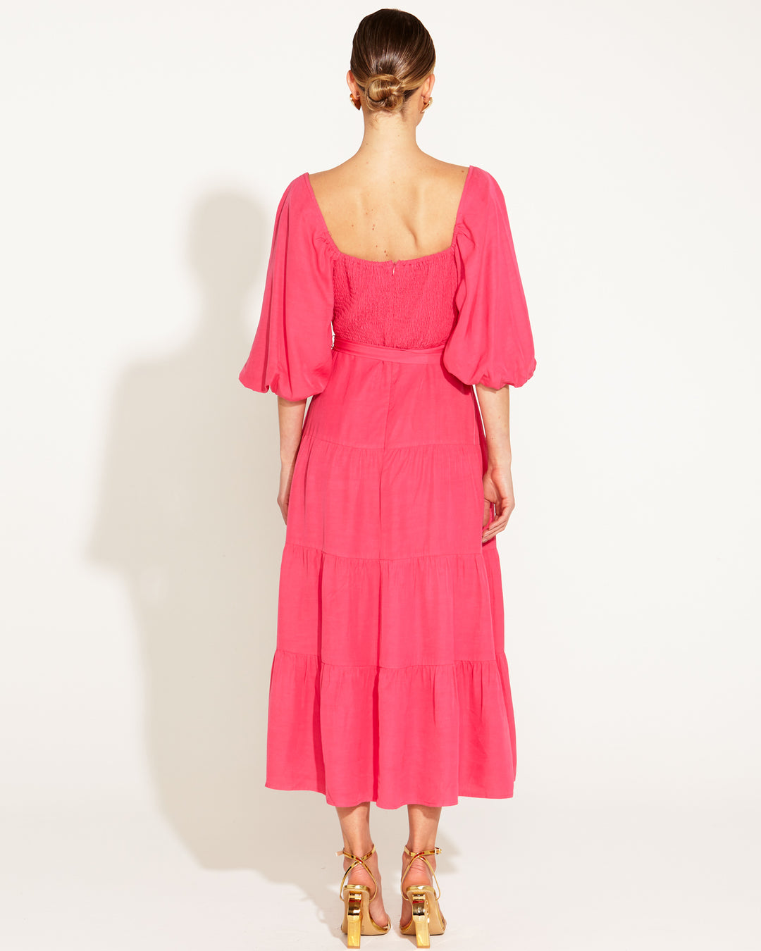 Fate One and Only Tiered Midi Dress in Hot Pink