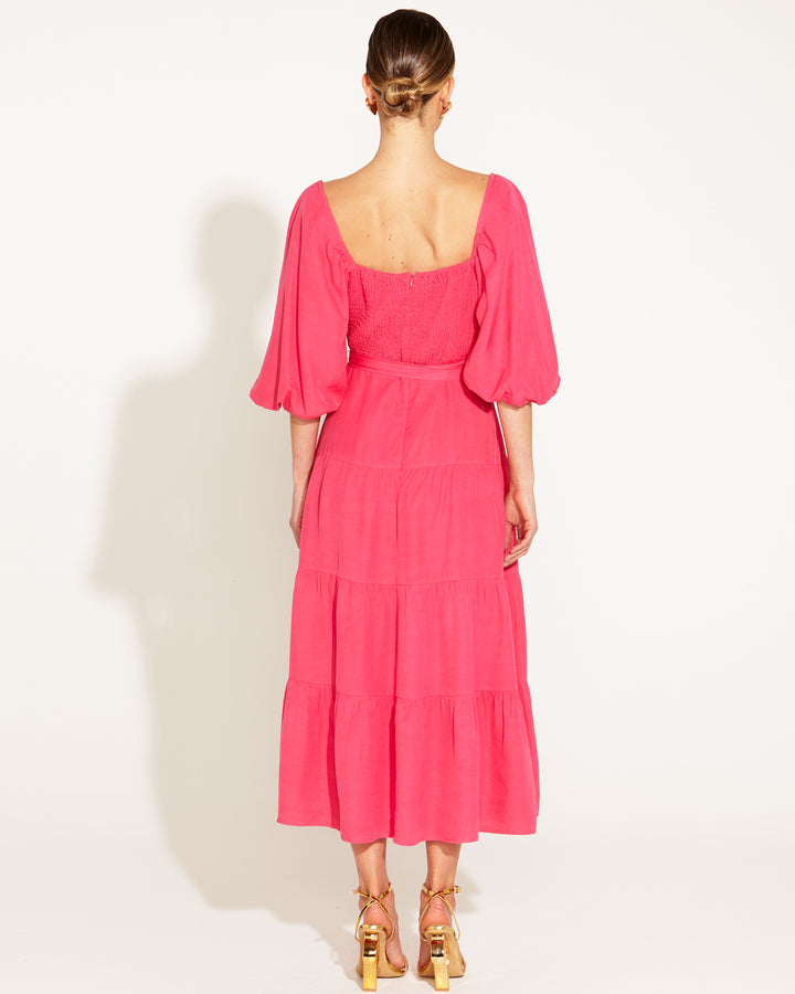 Fate One and Only Tiered Midi Dress in Hot Pink
