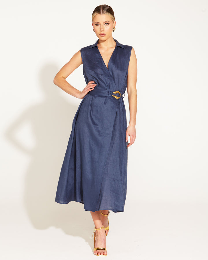 Fate Walk in the Park Sleeveles Linen Dress in Navy