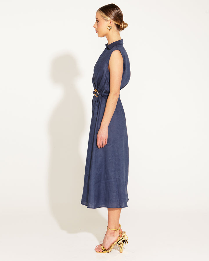 Fate Walk in the Park Sleeveles Linen Dress in Navy