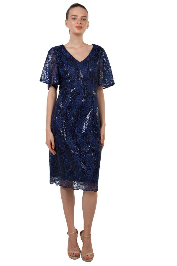 Miss Anne Lace and Sequin Cocktail Dress in Navy