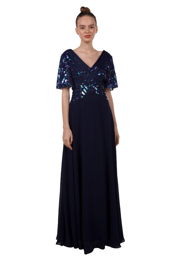 Miss Anne Sequin Bodice with Chiffon Skirt Gown in Navy and Green