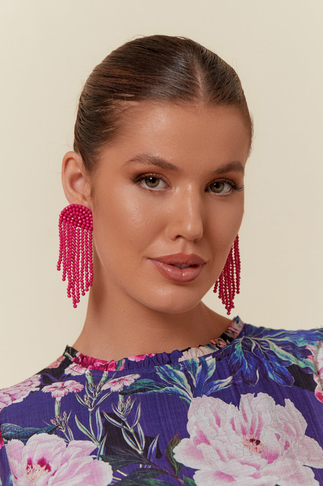 Beaded Tassel Earrings in Fuschia
