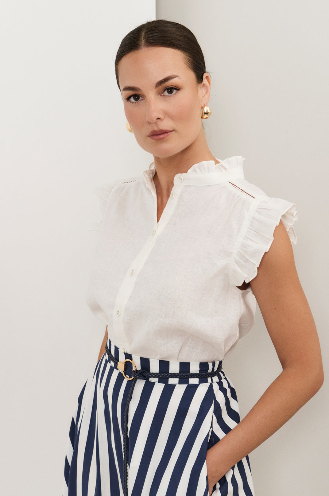 Bree Button Up Top in White Linen
