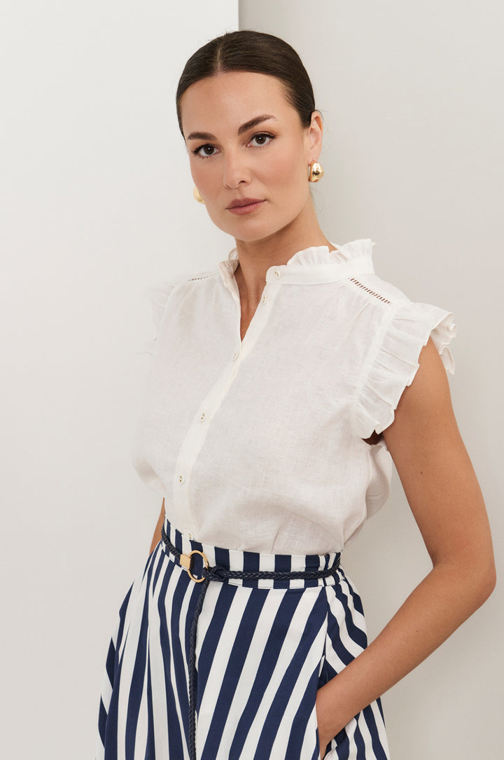 Bree Button Up Top in White Linen