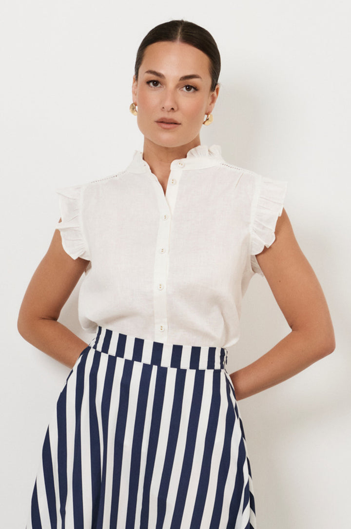 Bree Button Up Top in White Linen