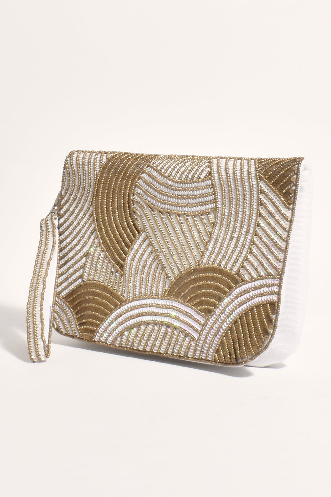 ADORNE CURVE PATTERN BEAD SEQUIN CLUTCH