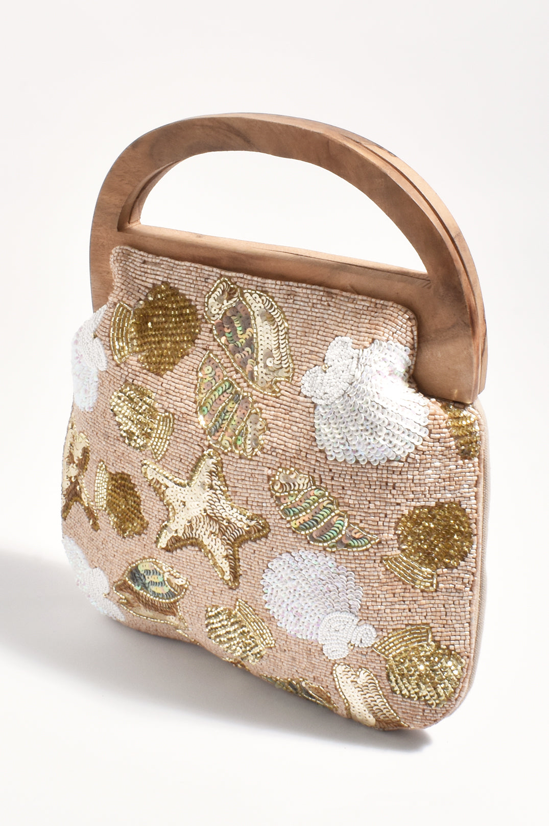 Adorne Nella Seashell Beaded Timber Handle Clutch AVA9628