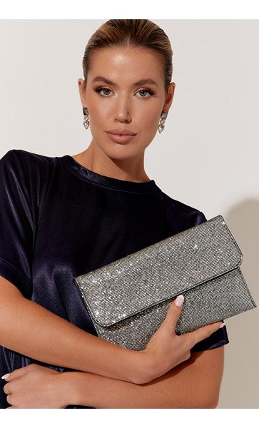 Adorne Ruby Rhinestone Fold over Clutch in Silver AVD1658