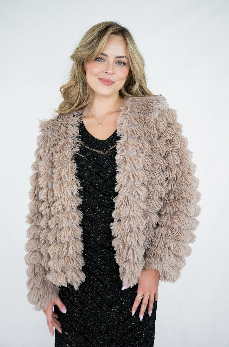 Fria Fringe Fur Coat in Taupe