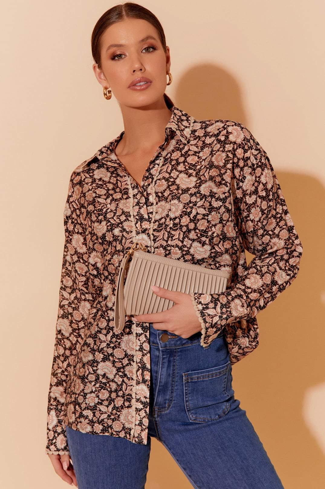 Adorne Amara Pleat Pouch Stone AVD 1614
