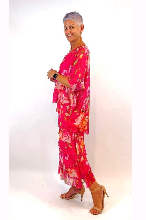La Strada Silk Multi Layer Dress in Floral Pink