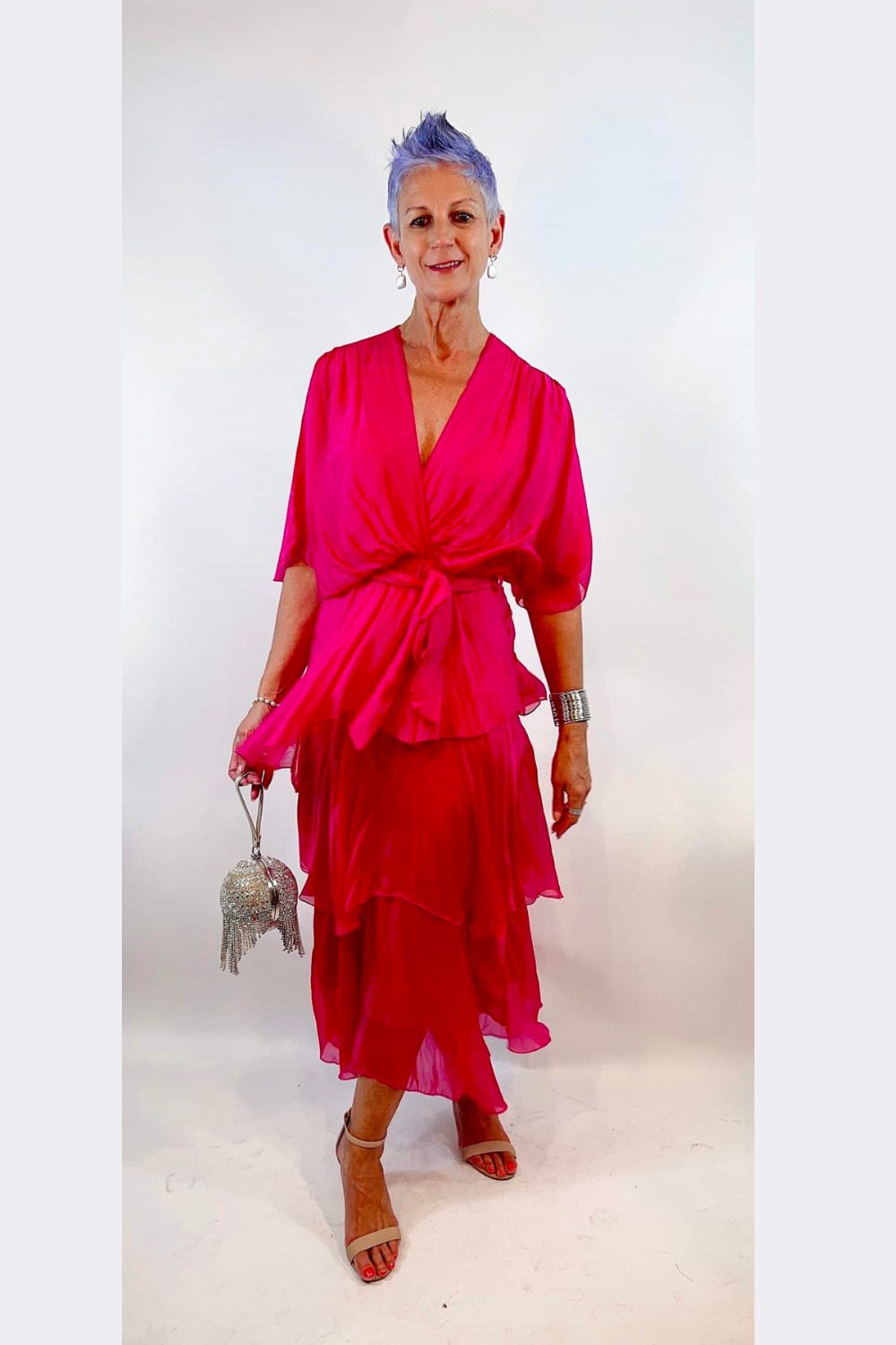 La Strada Cross Over Neckline Layer Skirt Dress in Raspberry