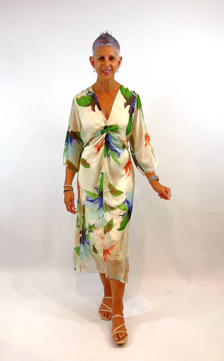 La Strada Knot Front Silk Dress in Ivory, Orange and Cobalt Floral
