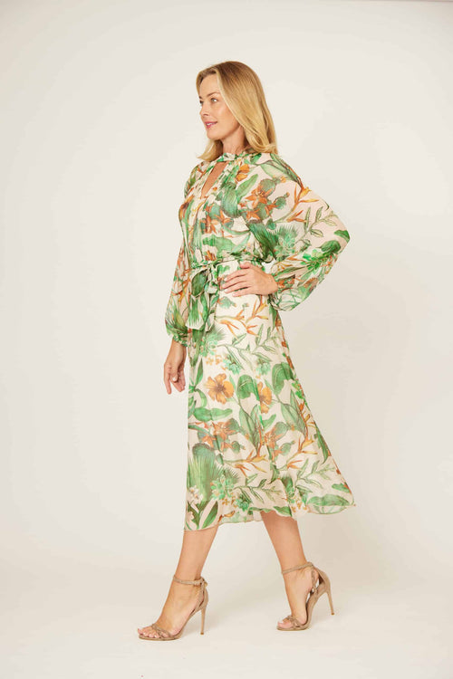 La Strada Keyhole Neckline Silk Dress in Green Floral