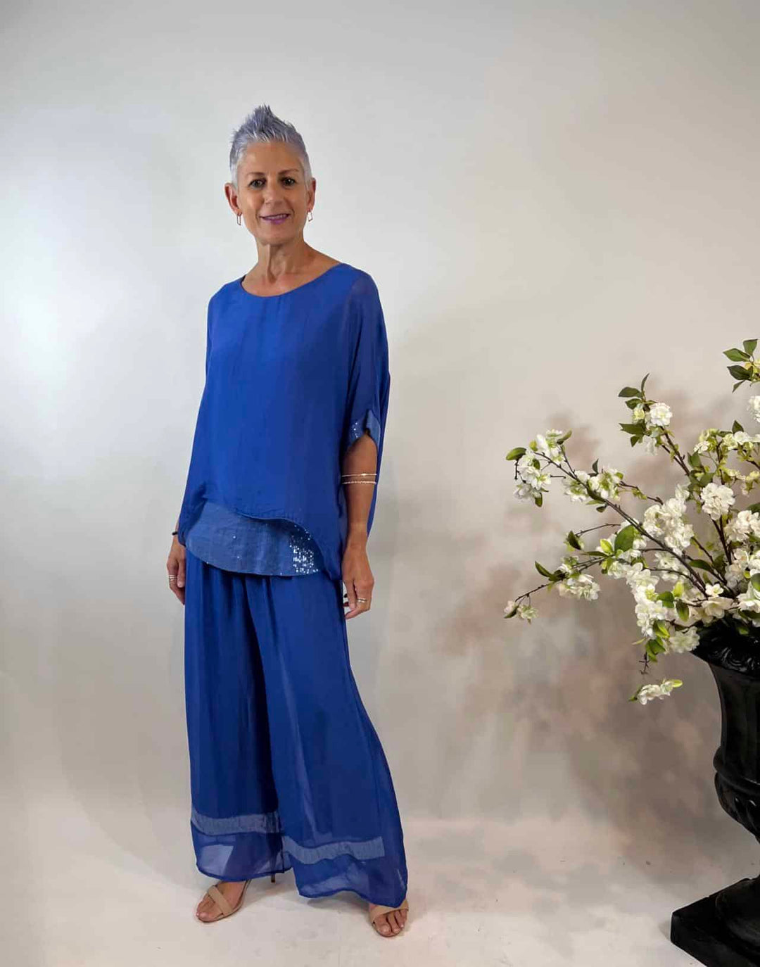 La Strada Silk Blended Pants with sequin trim in Cobalt