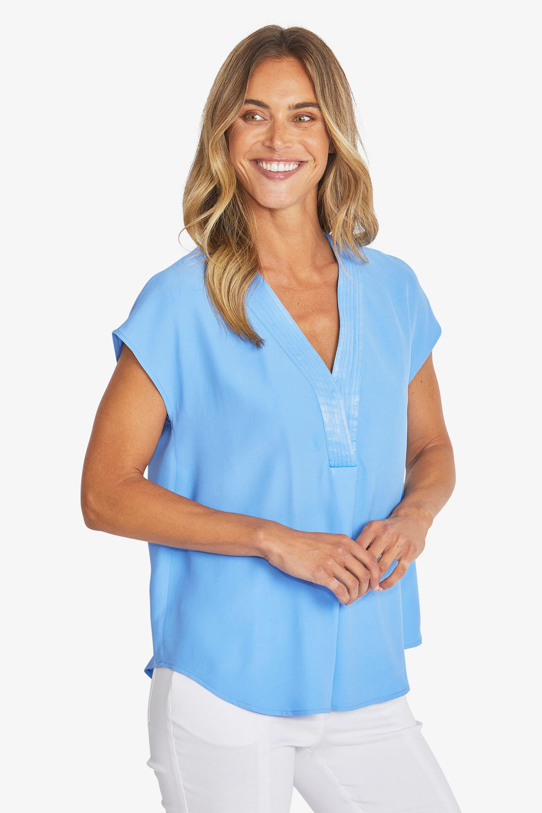 Ping Pong Kira Slinky V-Neck Top In Sky Blue
