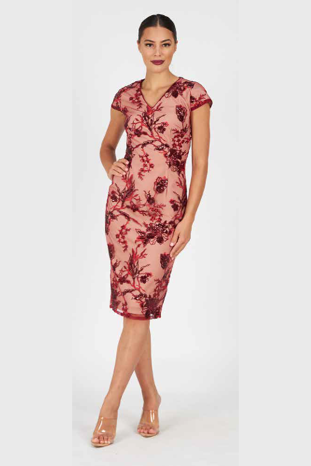 Pink Ruby Sorrento Cap Sleeve Dress in Wine/Nude
