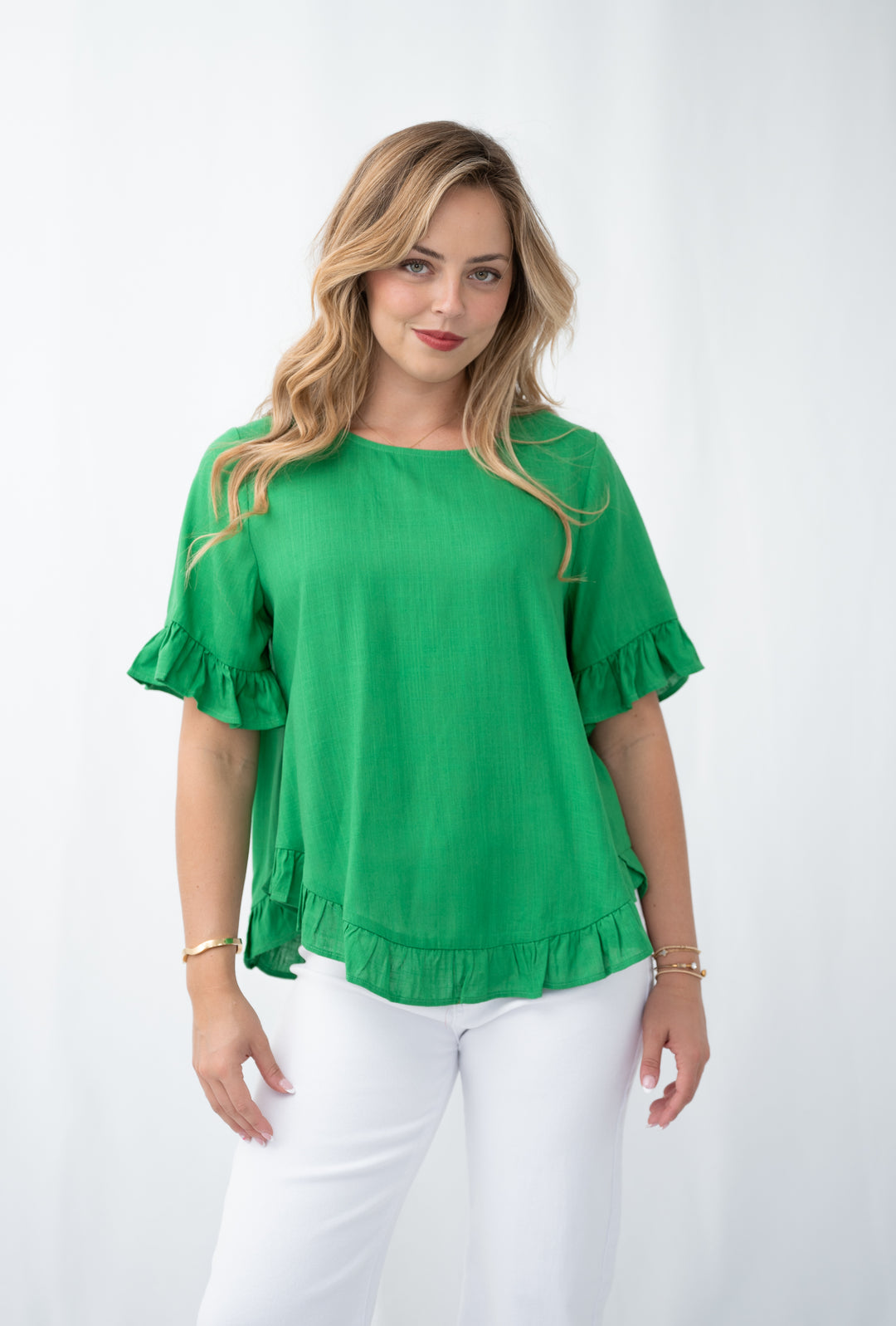 Silver Wishes Linen Blend Frill Hem Top in Green