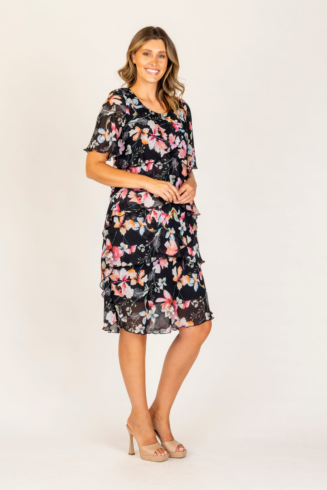 Vivid Chiffon Lana dress in Black and Large floral