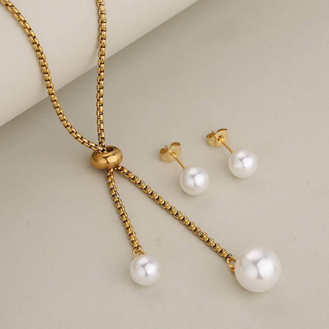 R7 Gold and Pearl Adjustable Drop Necklace and Earrings set 149