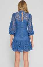 Style State Embroidered Lace Dress with Bubble Sleeve Detail in Blue