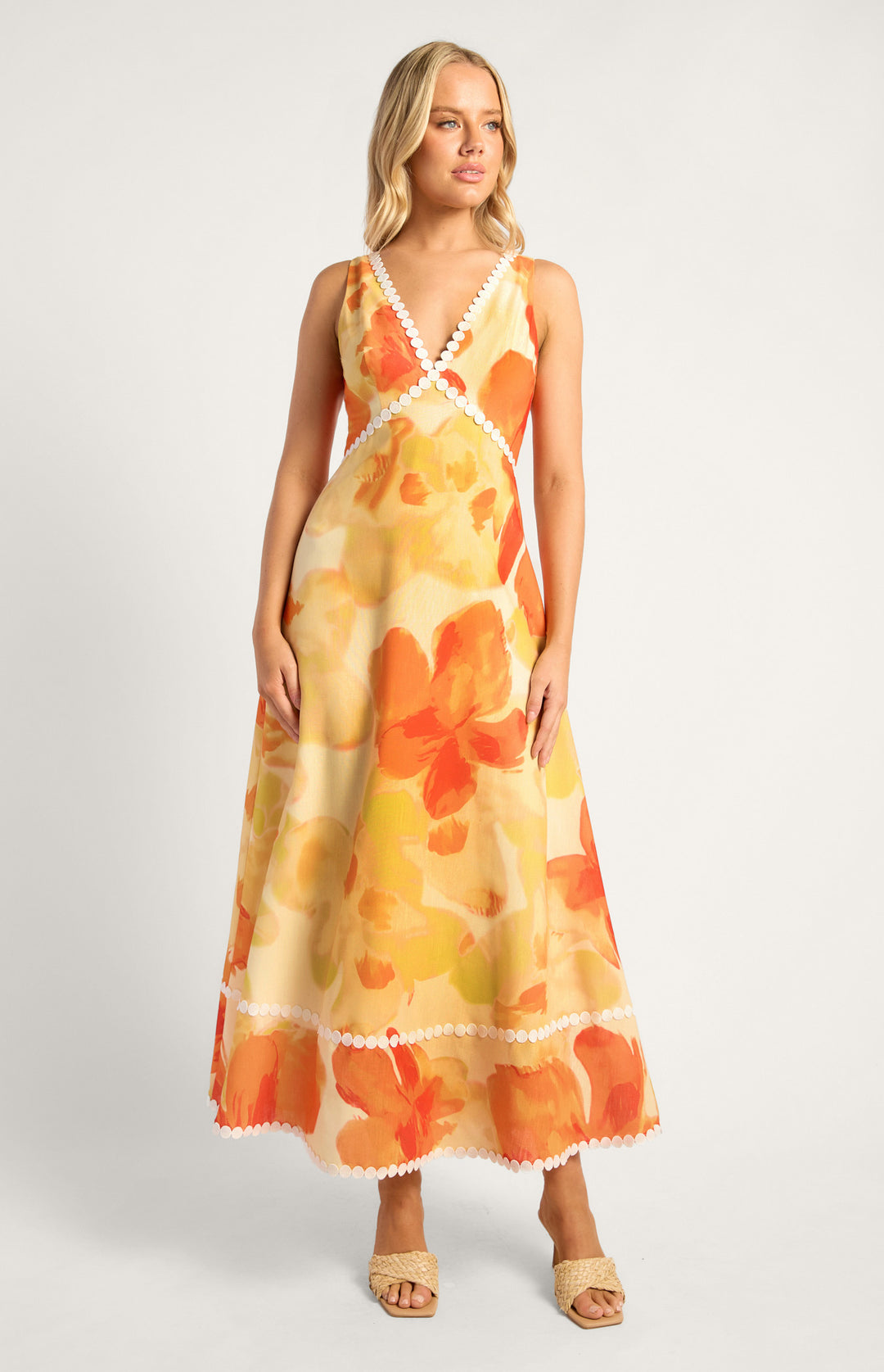 Style State Island Floral Trim Detailing Faux Linen Maxi