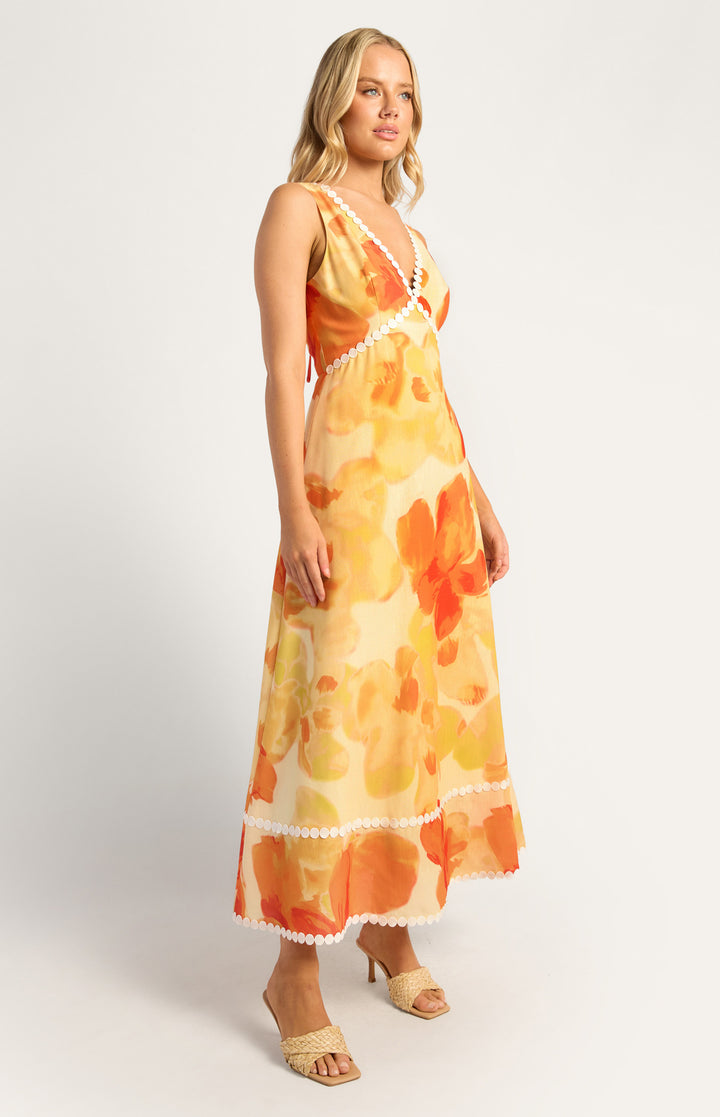 Style State Island Floral Trim Detailing Faux Linen Maxi
