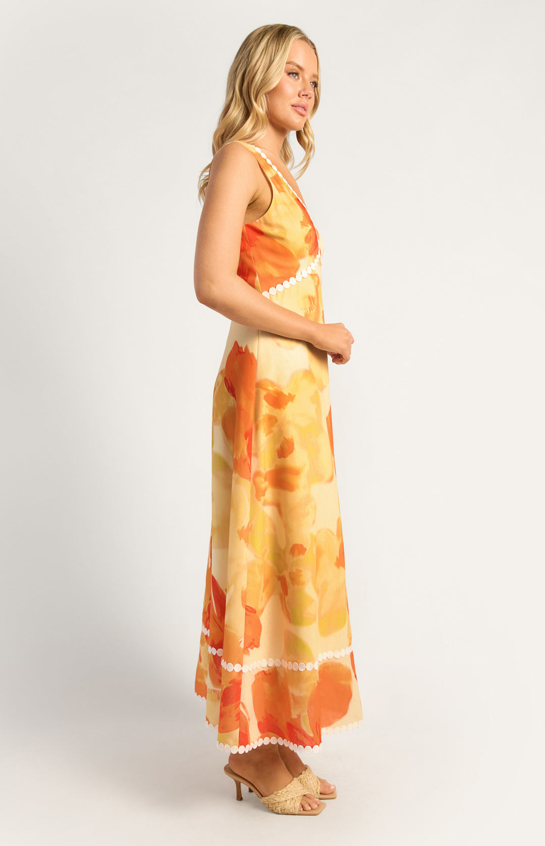 Style State Island Floral Trim Detailing Faux Linen Maxi