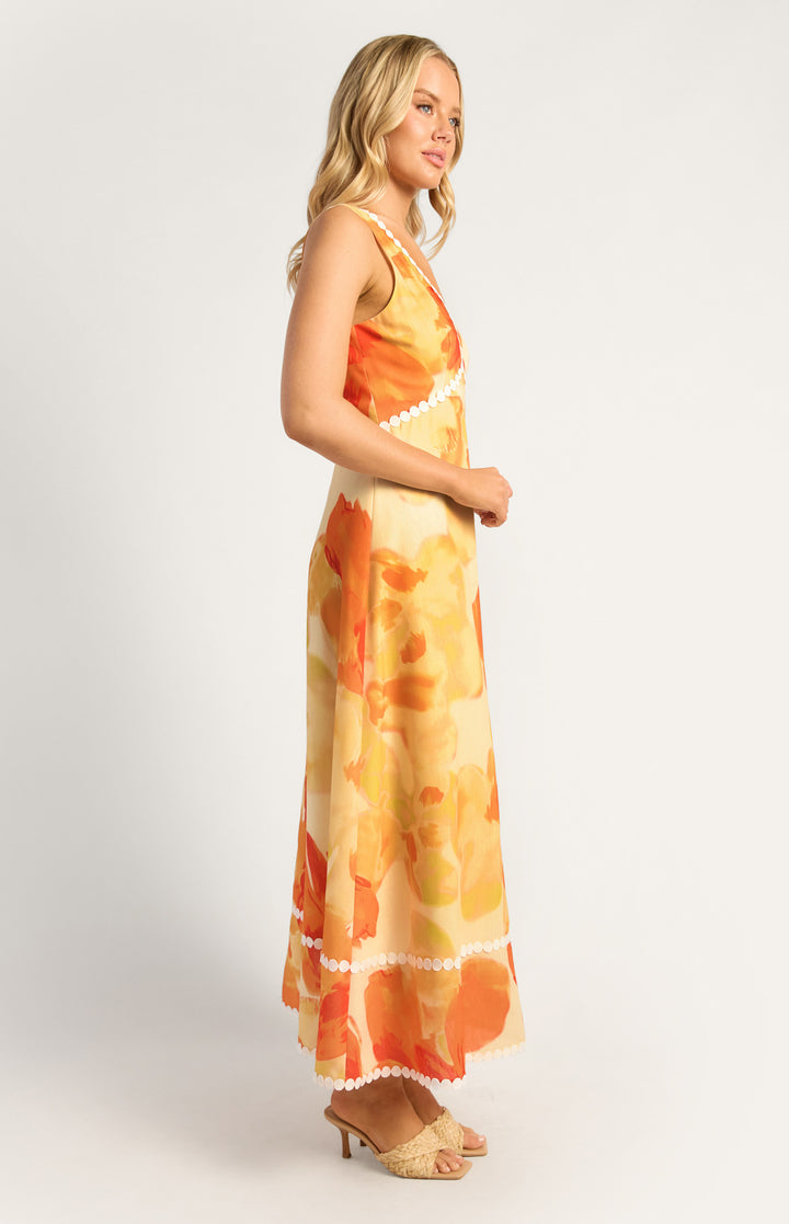 Style State Island Floral Trim Detailing Faux Linen Maxi
