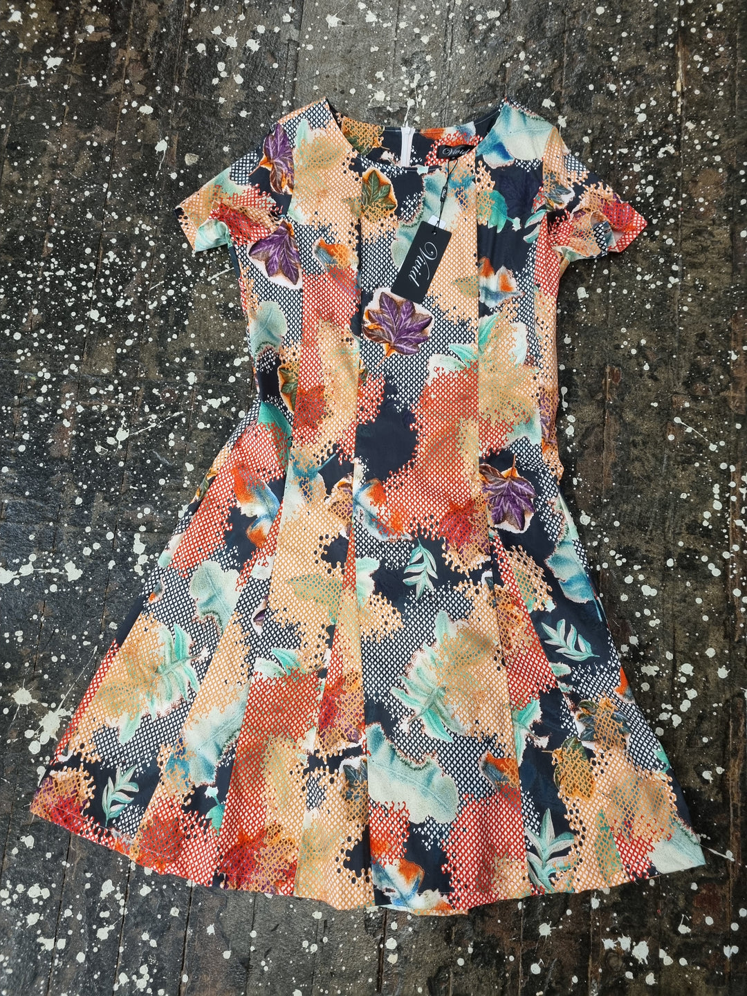 Vivid Cotton Stretch A Line Dress in Oarange Abstract Print Print V4483