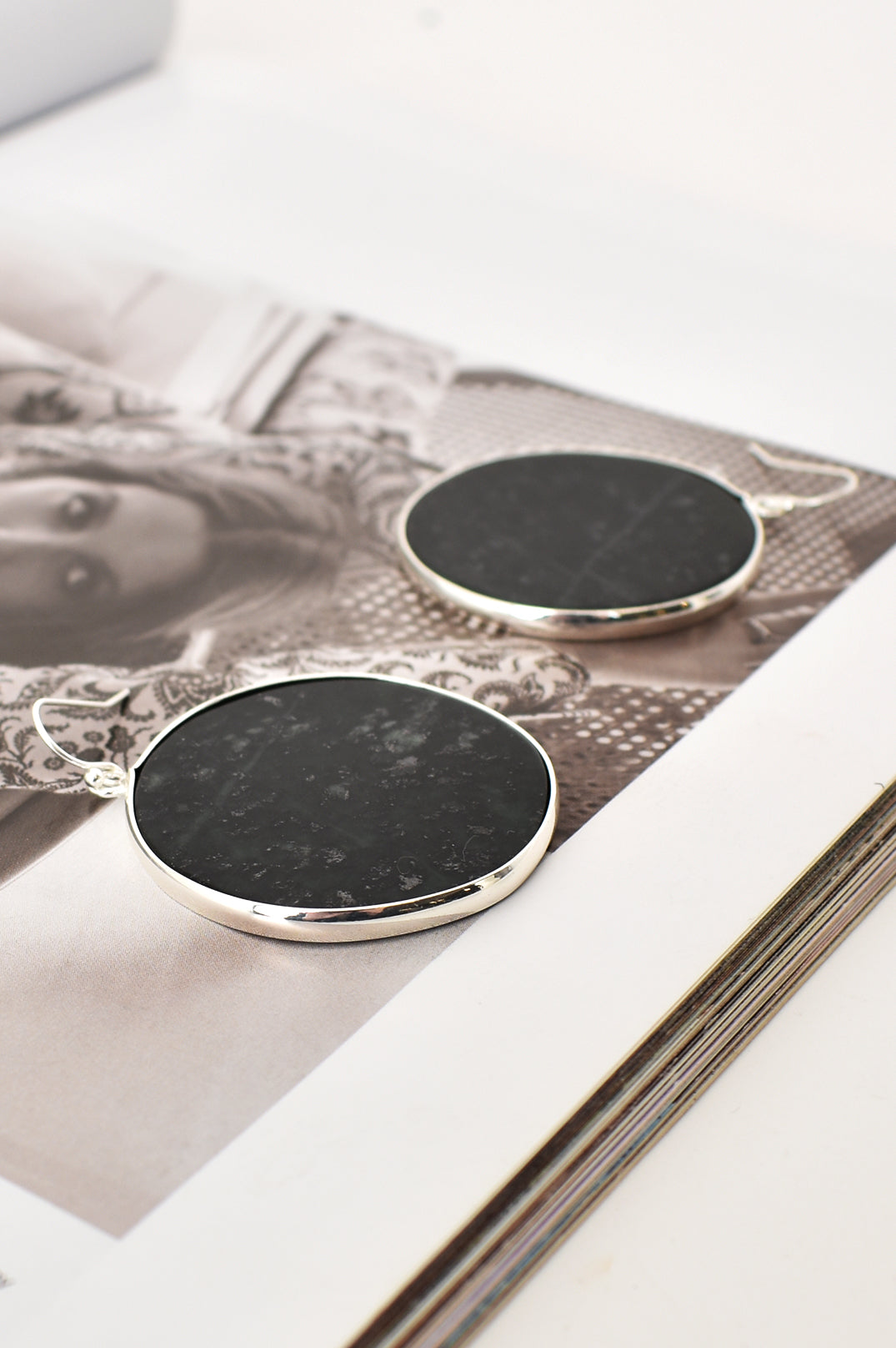 Round Stone Hook Earrings in Black and Silver