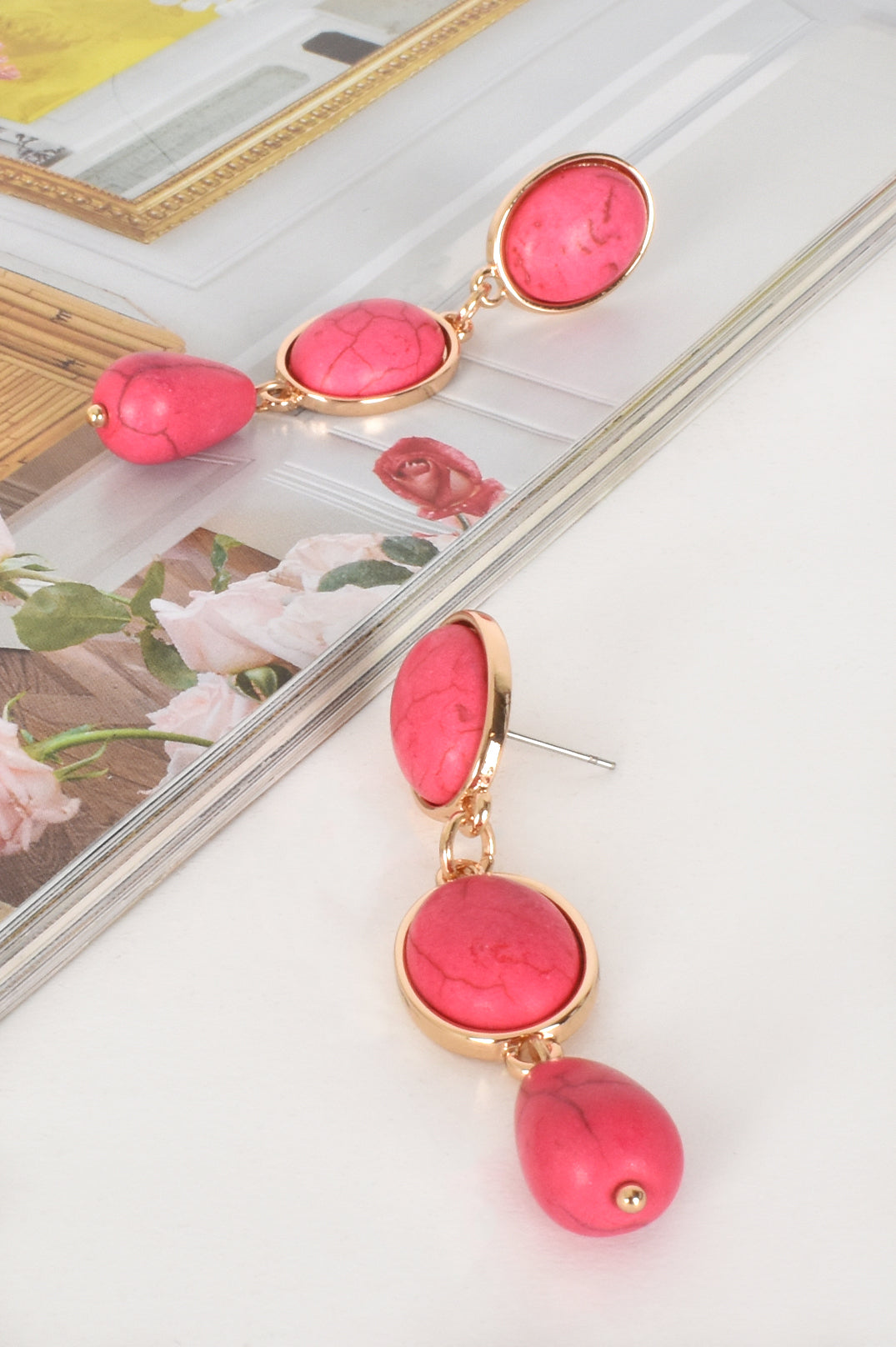Trio Stone Drop Earrings in Fushcia