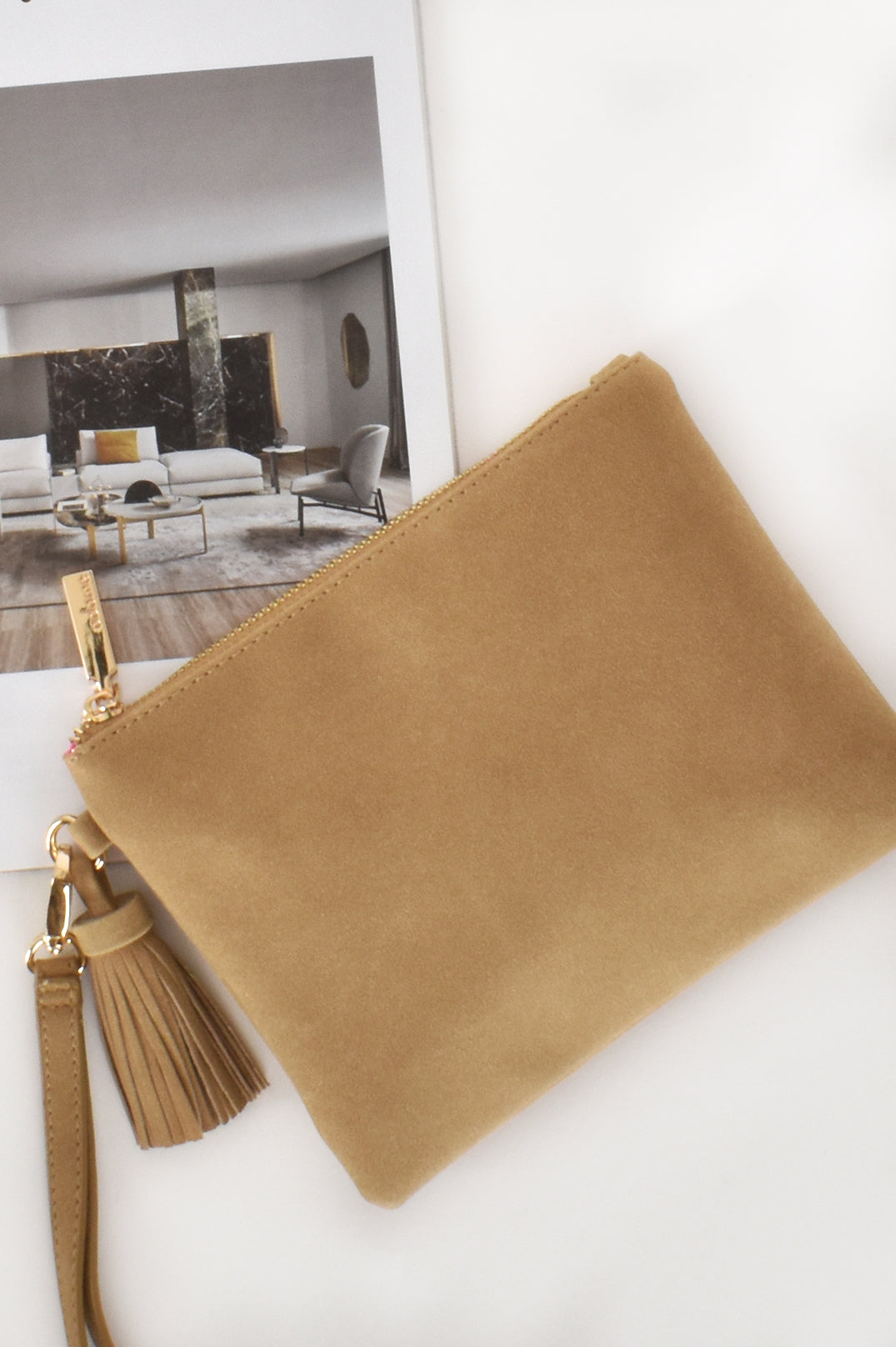Delilah Faux Suede Pouch in Dark Camel