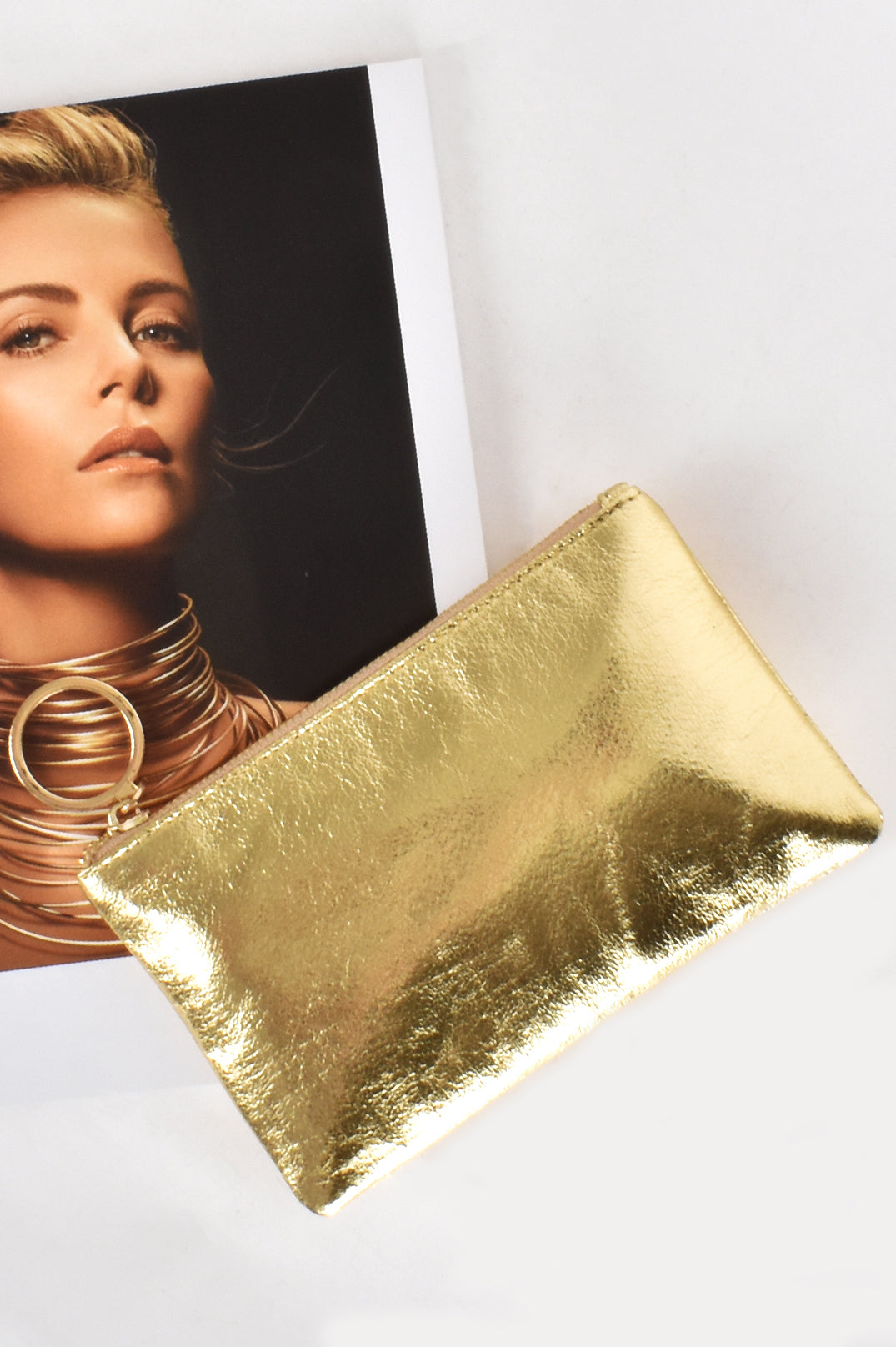 Alecia Metallic Ring Pull Pouch in Gold