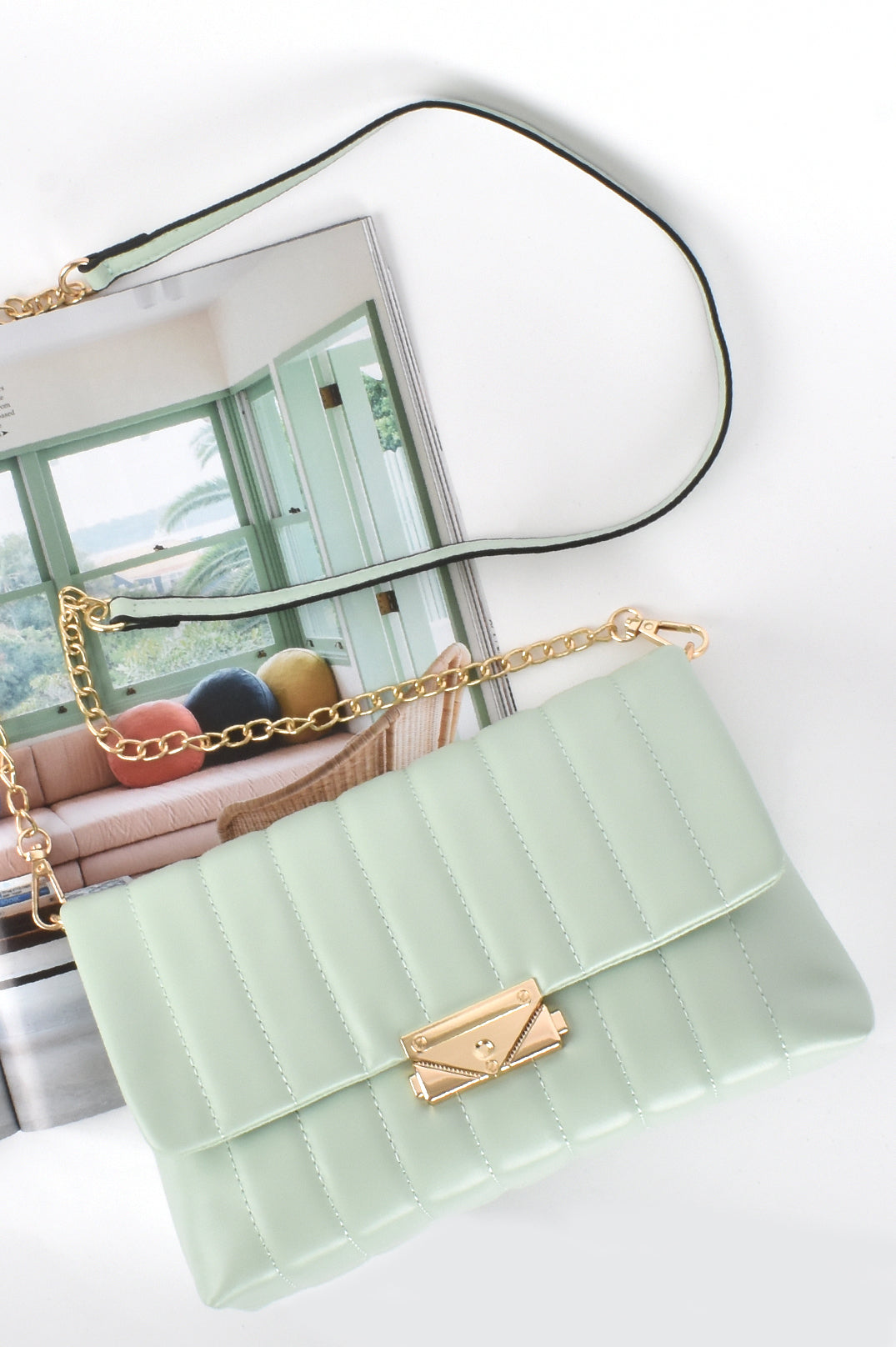 Self Panelled Flap Ove Clasp Front Hnad Bag in Mint