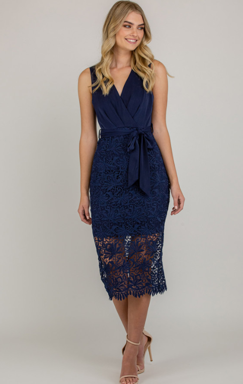 Style State V-neckline Lace contrast dress with belt