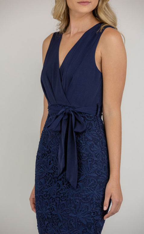 Style State V-neckline Lace contrast dress with belt