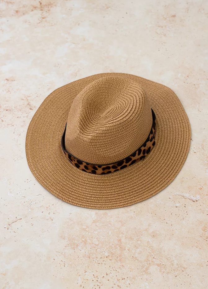 Fedora Straw Hat with Leopard Band Latte