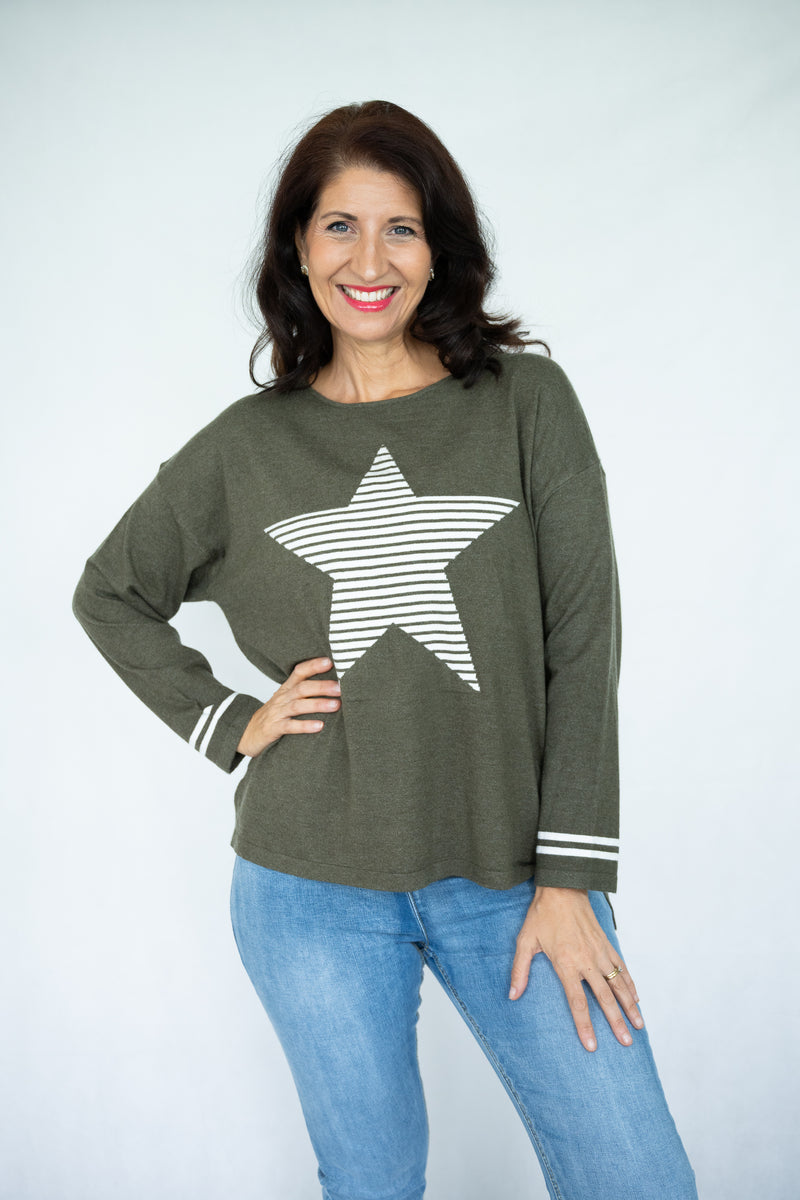Jolie Saule Knit Star Jumper in Khaki
