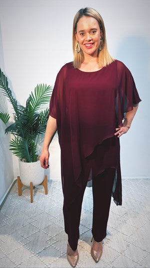 RTM Betty Chiffon Top in Port, matching pants available to make a set
