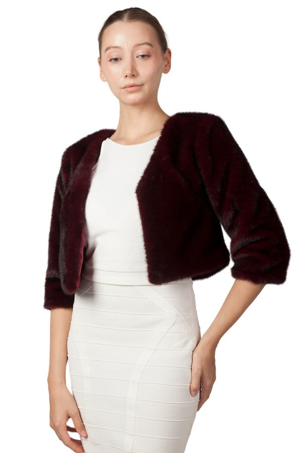 Miss Anne Faux Fur Cropped Sleeve Bolero in Burgundy