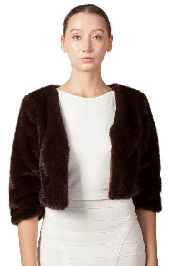 Miss Anne Faux Fur Cropped Sleeve Bolero in Cafe