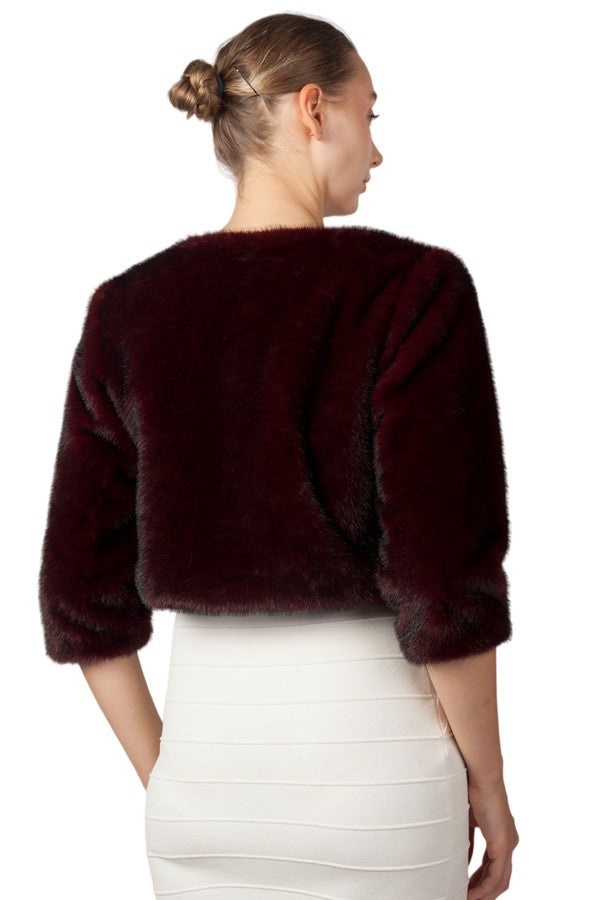 Miss Anne Faux Fur Cropped Sleeve Bolero in Burgundy