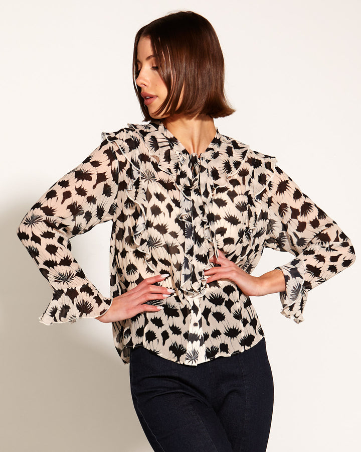 Fate Fancy Like Frill Long Sleeve Neck Tie Blouse in Black Fan