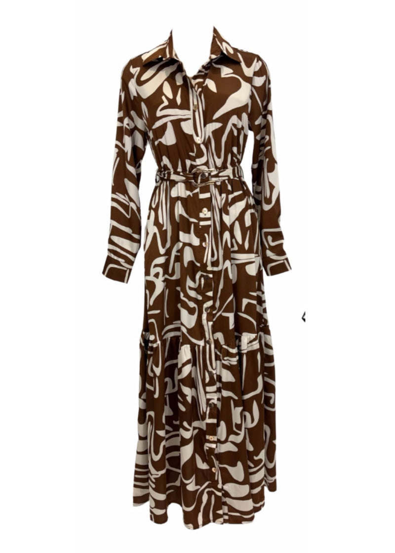 Lorraine Graphic Pattern in Tobacco Midi Belt Dress