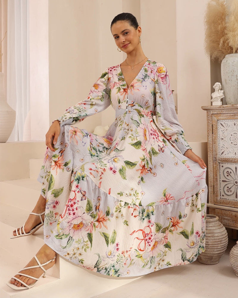 Iris Maxi Grey Floral Maxi Dress